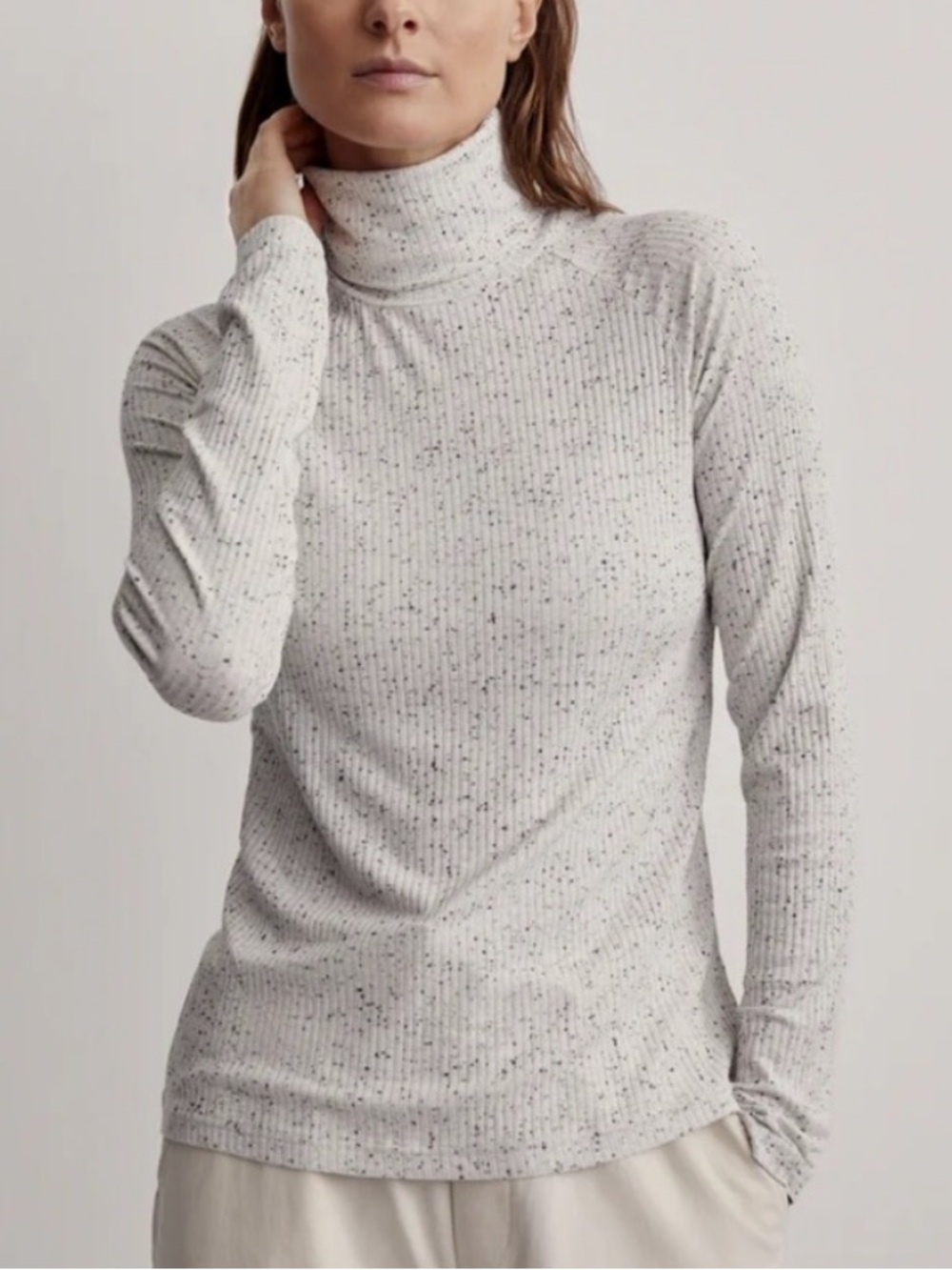 Varley Roya Rollneck Long Sleeve Ribbed Tee in Cream Egret and Black